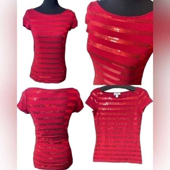 LOFT Ann Taylor Sequin Red Blouse Top Cotton Spandex Blend Valentine’s Day XS - Picture 15 of 16